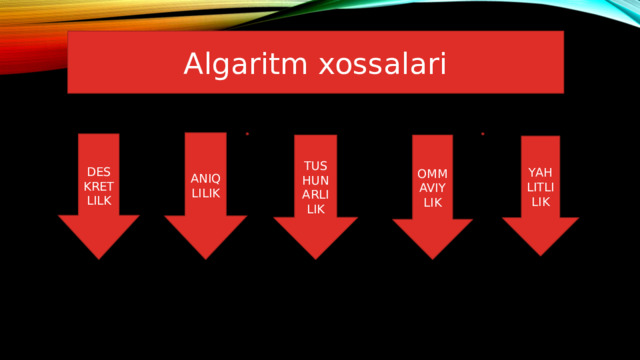Algaritm xossalari Algaritm xossalari: ANIQLILIK DESKRETLILK TUSHUNARLILIK OMMAVIYLIK YAHLITLILIK 