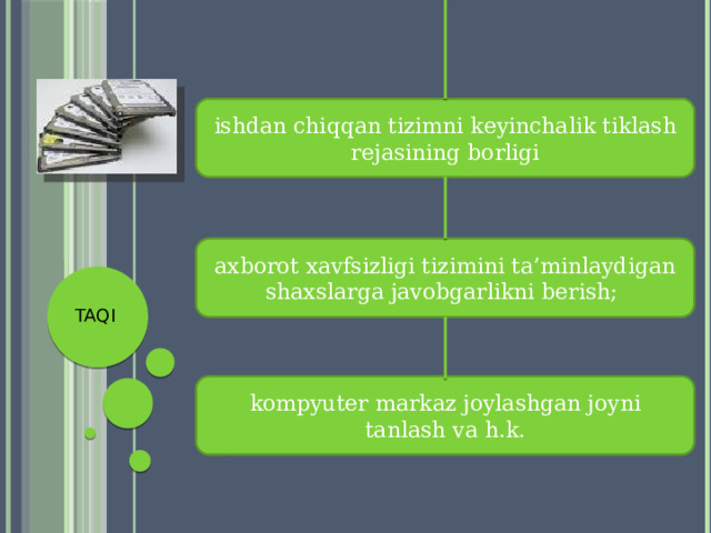 ishdan chiqqan tizimni keyinchalik tiklash rejasining borligi axborot xavfsizligi tizimini ta’minlaydigan shaxslarga javobgarlikni berish; TAQI kompyuter markaz joylashgan joyni tanlash va h.k. 