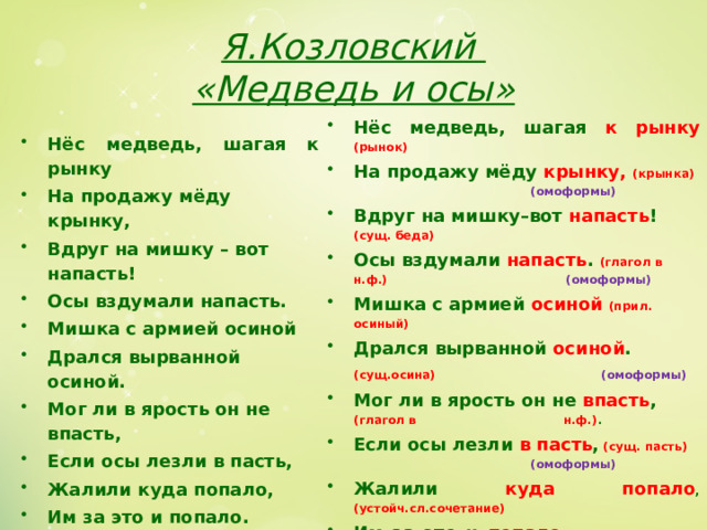 Я.Козловский  «Медведь и осы» Нёс медведь, шагая к рынку (рынок) На продажу мёду крынку, (крынка)      (омоформы) Вдруг на мишку–вот напасть !  (сущ. беда) Осы вздумали напасть .  (глагол в н.ф.)      (омоформы) Мишка с армией осиной (прил. осиный) Дрался вырванной осиной .  (сущ.осина)       (омоформы) Мог ли в ярость он не впасть , (глагол в     н.ф.) .  Если осы лезли в пасть , (сущ. пасть)      (омоформы) Жалили куда попало , ( устойч.сл.сочетание) Им за это и попало .(гл.попасть в н.ф.)       (омоформы)  Нёс медведь, шагая к рынку На продажу мёду крынку, Вдруг на мишку – вот напасть! Осы вздумали напасть. Мишка с армией осиной Дрался вырванной осиной. Мог ли в ярость он не впасть, Если осы лезли в пасть, Жалили куда попало, Им за это и попало. Назовите омонимы в этом стихотворении. Докажите свой выбор . 