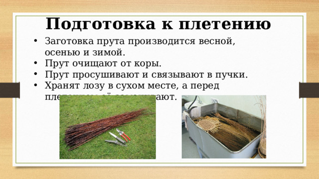 Подготовка к плетению Заготовка прута производится весной, осенью и зимой. Прут очищают от коры. Прут просушивают и связывают в пучки. Хранят лозу в сухом месте, а перед плетением её замачивают. 