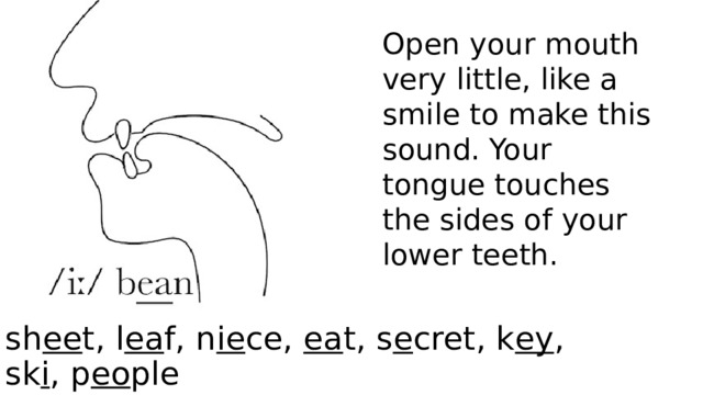 Open your mouth very little, like a smile to make this sound. Your tongue touches the sides of your lower teeth. sh ee t, l ea f, n ie ce, ea t, s e cret, k ey , sk i , p eo ple 