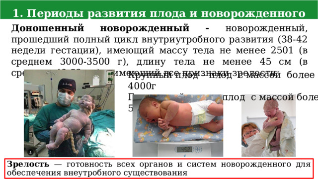 1. Периоды развития плода и новорожденного Доношенный новорожденный - новорожденный, прошедший полный цикл внутриутробного развития (38-42 недели гестации), имеющий массу тела не менее 2501 (в среднем 3000-3500 г), длину тела не менее 45 см (в среднем 48-52 см) и имеющий все признаки зрелости Крупный плод – плод с массой более 4000г Гигантский плод – плод с массой более 5000г Зрелость — готовность всех органов и систем новорожденного для обеспечения внеутробного существования  