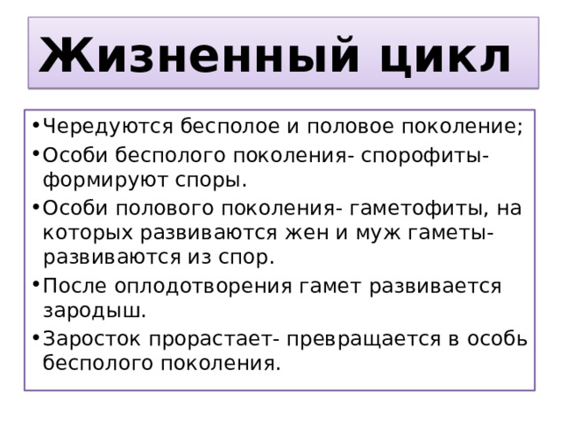 Жизненный цикл Чередуются бесполое и половое поколение; Особи бесполого поколения- спорофиты- формируют споры. Особи полового поколения- гаметофиты, на которых развиваются жен и муж гаметы- развиваются из спор. После оплодотворения гамет развивается зародыш. Заросток прорастает- превращается в особь бесполого поколения. 