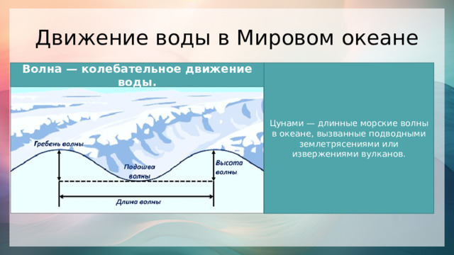 Движение воды в Мировом океане Волна — колебательное движение воды. Цунами — длинные морские волны в океане, вызванные подводными землетрясениями или извержениями вулканов. 