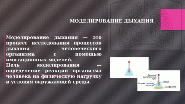 МОДЕЛИРОВАНИЕ ДЫХАНИЯ Моделирование дыхания — это процесс исследования процессов дыхания человеческого организма с помощью имитационных моделей. Цель моделирования — определение реакции организма человека на физическую нагрузку и условия окружающей среды. 