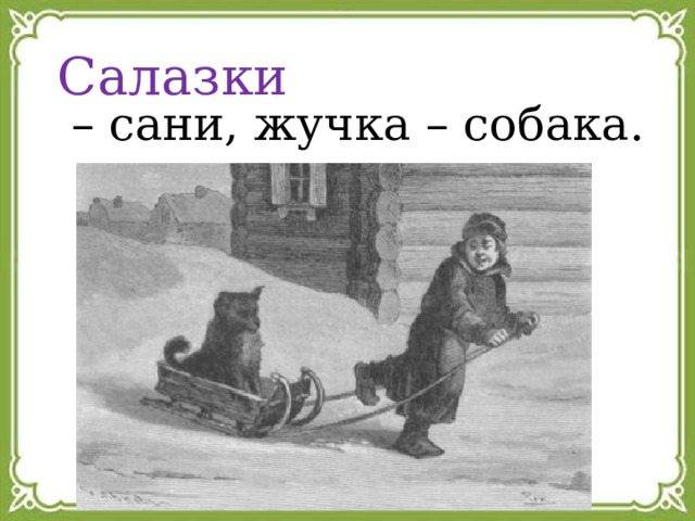 Салазки – сани, жучка – собака. 