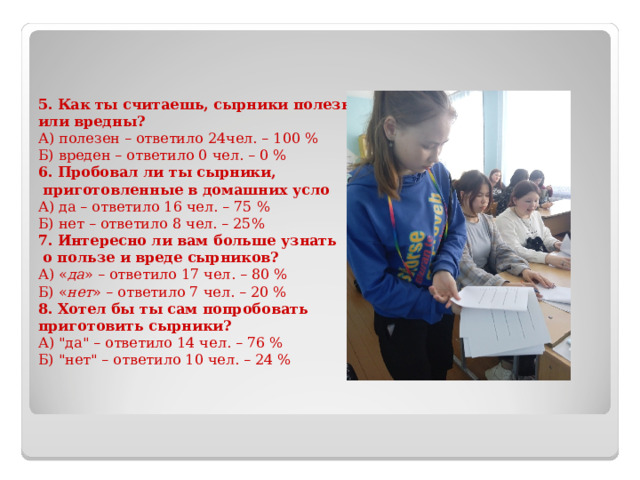       5. Как ты считаешь, сырники полезны или вредны? А) полезен – ответило 24чел. – 100 % Б) вреден – ответило 0 чел. – 0 % 6. Пробовал ли ты сырники,  приготовленные в домашних усло А) да – ответило 16 чел. – 75 % Б) нет – ответило 8 чел. – 25% 7. Интересно ли вам больше узнать  о пользе и вреде сырников? А) « да » – ответило 17 чел. – 80 % Б) « нет » – ответило 7 чел. – 20 % 8. Хотел бы ты сам попробовать приготовить сырники? А) 