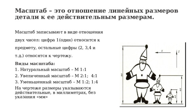 Масштаб – это отношение линейных размеров детали к ее действительным размерам. Масштаб записывают в виде отношения двух чисел: цифра 1(один) относится к предмету, остальные цифры (2, 3,4 и т.д.) относятся к чертежу. Виды масштаба: 1. Натуральный масштаб – М 1:1 2. Увеличенный масштаб – М 2:1; 4:1 3. Уменьшенный масштаб – М 1:2; 1:4 На чертеже размеры указываются действительные, в миллиметрах, без указания «мм» 