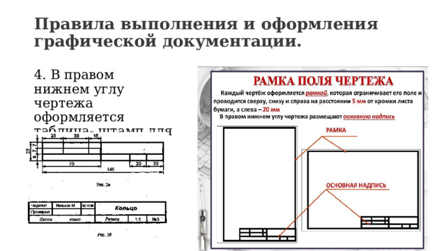 Правила выполнения и оформления графической документации. 4. В правом нижнем углу чертежа оформляется таблица- штамп для основная надпись . 