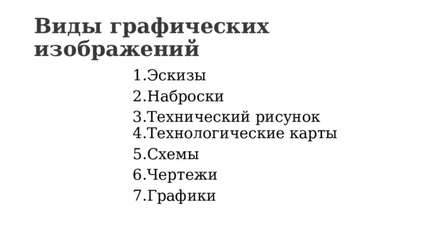 Виды графических изображений 1.Эскизы 2.Наброски 3.Технический рисунок 4.Технологические карты 5.Схемы 6.Чертежи 7.Графики 