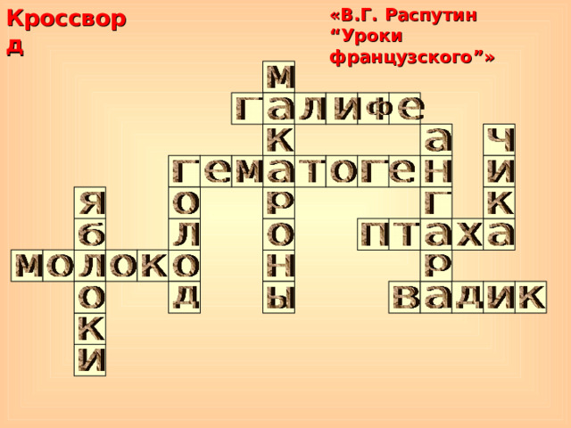 «В.Г. Распутин  “ Уроки французского ” » Кроссворд 