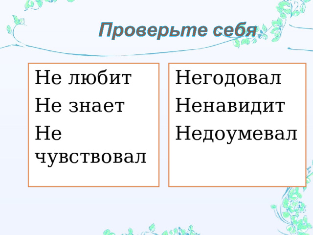 Не любит Не знает Не чувствовал Негодовал Ненавидит Недоумевал 