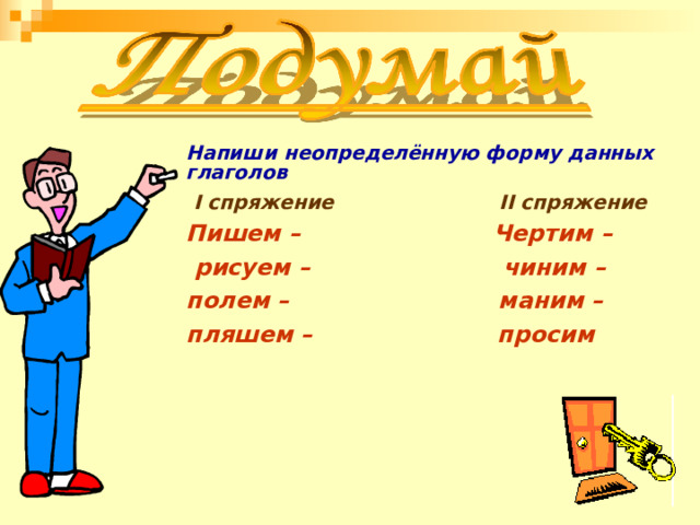 Напиши неопределённую форму данных глаголов  I спряжение II спряжение Пишем – Чертим –  рисуем – чиним – полем – маним – пляшем – просим 