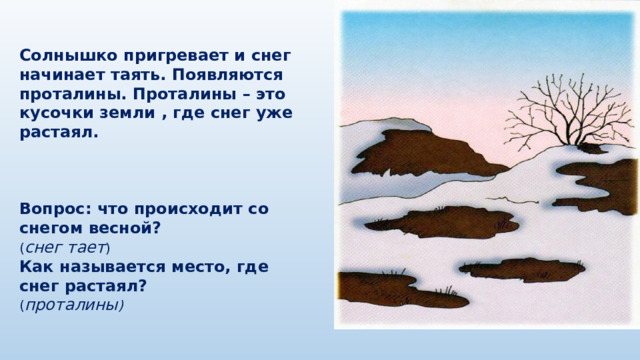 Солнышко пригревает и снег начинает таять. Появляются проталины. Проталины – это кусочки земли , где снег уже растаял. Вопрос: что происходит со снегом весной? ( снег тает ) Как называется место, где снег растаял? ( проталины ) 