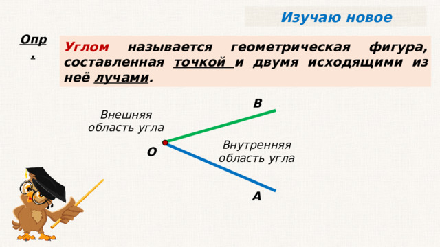 Изучаю новое Углом называется геометрическая фигура, составленная точкой и двумя исходящими из неё лучами . Опр. В Внешняя область угла Внутренняя область угла О А 14 