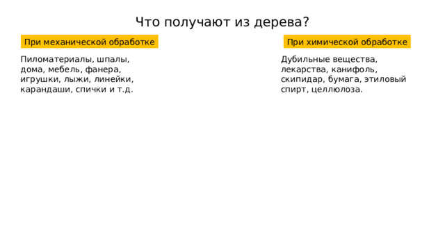 Что получают из дерева? При механической обработке При химической обработке Пиломатериалы, шпалы, дома, мебель, фанера, игрушки, лыжи, линейки, карандаши, спички и т.д. Дубильные вещества, лекарства, канифоль, скипидар, бумага, этиловый спирт, целлюлоза. 