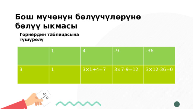 Б о ш  м ү ч ө н ү н  б ө л үү ч ү л ө р ү н ө  б ө л ү ү  ы к м а с ы Горнердин  таблицасына  түшүрөлү 3 1 4 1 -9 3×1+4=7 -36 3×7-9=12 3×12-36=0 