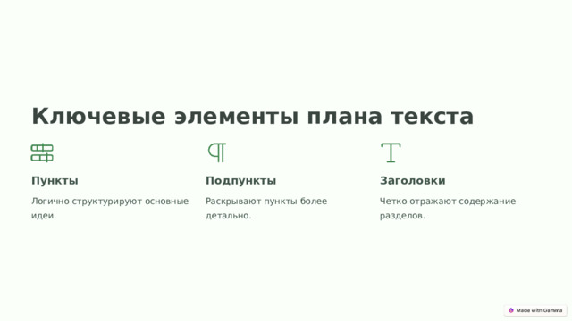 Ключевые элементы плана текста Пункты Подпункты Заголовки Логично структурируют основные идеи. Раскрывают пункты более детально. Четко отражают содержание разделов.  
