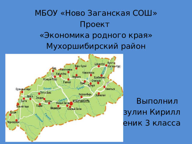 МБОУ «Ново Заганская СОШ» Проект «Экономика родного края» Мухоршибирский район Выполнил Козулин Кирилл Ученик 3 класса 