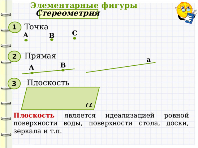  Элементарные фигуры Стереометрия Точка 1 С А В Прямая 2 а В А Плоскость 3 Плоскость является идеализацией ровной поверхности воды, поверхности стола, доски, зеркала и т.п.  