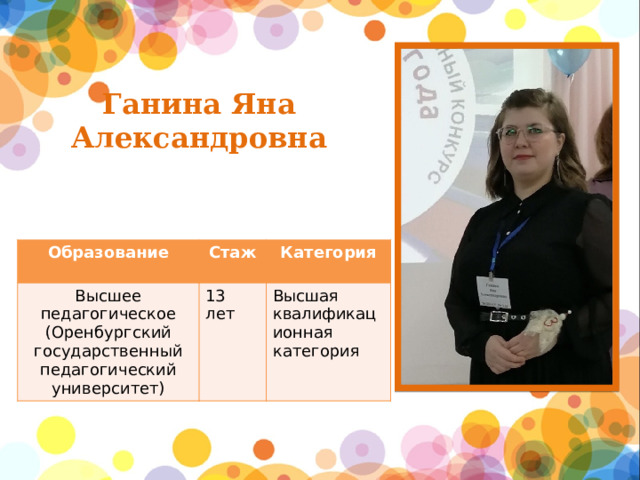 Ганина Яна Александровна  Образование Высшее педагогическое (Оренбургский государственный педагогический университет) Стаж Категория 13 лет Высшая квалификационная категория 
