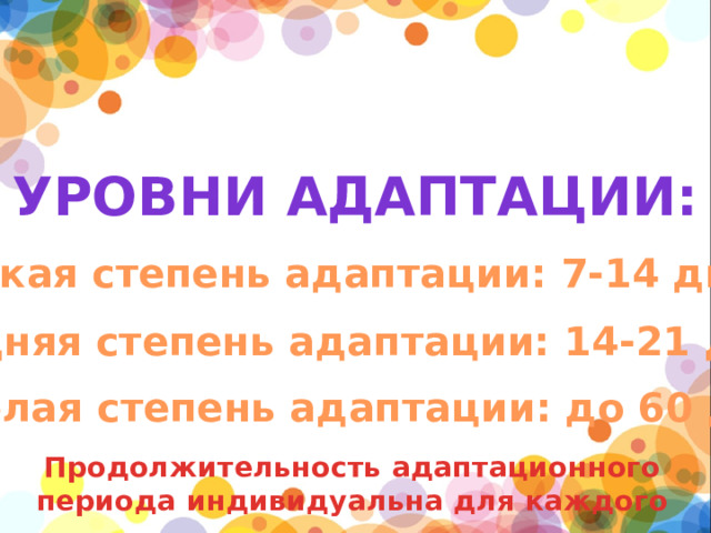 Уровни адаптации: Лёгкая степень адаптации: 7-14 дней Средняя степень адаптации: 14-21 дней Тяжёлая степень адаптации: до 60 дней Продолжительность адаптационного периода индивидуальна для каждого 