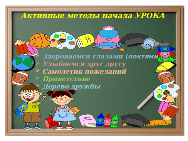 Активные методы начала УРОКА Здороваемся глазами (локтями) Улыбнемся друг другу Самолетик пожеланий Приветствие Дерево дружбы  