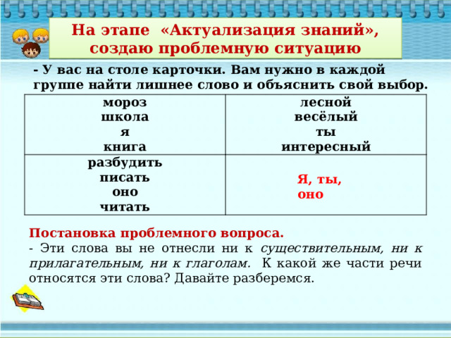 На этапе «Актуализация знаний», создаю проблемную ситуацию - У вас на столе карточки. Вам нужно в каждой группе найти лишнее слово и объяснить свой выбор. мороз разбудить школа лесной весёлый писать   я ты книга оно интересный читать Я, ты, оно Постановка проблемного вопроса. - Эти слова вы не отнесли ни к существительным, ни к прилагательным, ни к глаголам. К какой же части речи относятся эти слова? Давайте разберемся. 