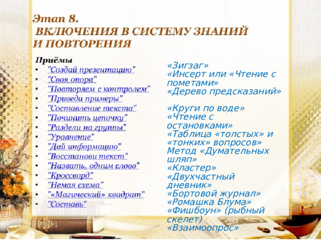 «Зигзаг» «Инсерт или «Чтение с пометами»  «Дерево предсказаний»  «Круги по воде»  «Чтение с остановками» «Таблица «толстых» и «тонких» вопросов» Метод «Думательных шляп» «Кластер» «Двухчастный дневник» «Бортовой журнал» «Ромашка Блума» «Фишбоун» (рыбный скелет) «Взаимоопрос» 
