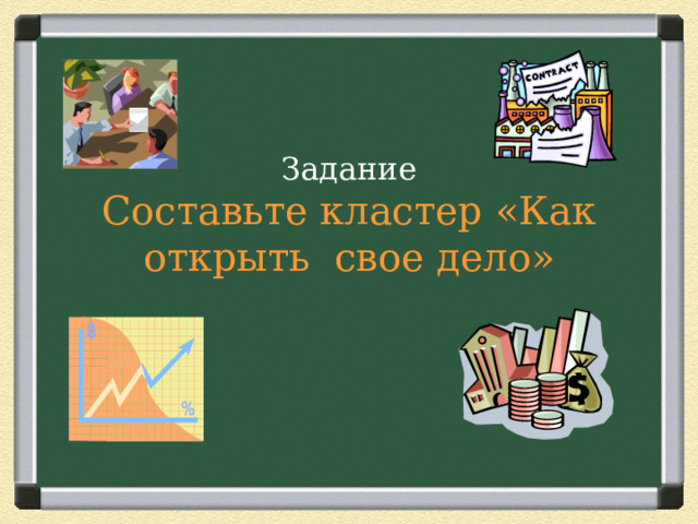         Задание  Составьте кластер «Как открыть свое дело» 