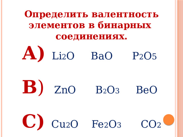 Определить валентность элементов в бинарных соединениях. А) Li 2 O BaO P 2 O 5 B ) ZnO B 2 O 3 BeO C) Cu 2 O Fe 2 O 3 CO 2 