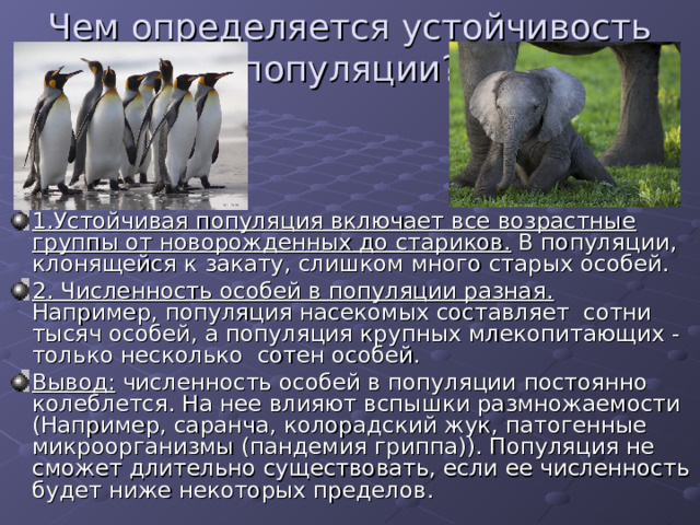 Чем определяется устойчивость популяции? 1.Устойчивая популяция включает все возрастные группы от новорожденных до стариков. В популяции, клонящейся к закату, слишком много старых особей. 2. Численность особей в популяции разная. Например, популяция насекомых составляет сотни тысяч особей, а популяция крупных млекопитающих - только несколько сотен особей. Вывод: численность особей в популяции постоянно колеблется. На нее влияют вспышки размножаемости (Например, саранча, колорадский жук, патогенные микроорганизмы (пандемия гриппа)). Популяция не сможет длительно существовать, если ее численность будет ниже некоторых пределов. 