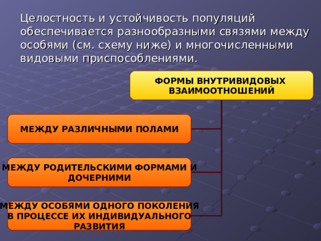  Целостность и устойчивость популяций обеспечивается разнообразными связями между особями (см. схему ниже) и многочисленными видовыми приспособлениями. ФОРМЫ ВНУТРИВИДОВЫХ ВЗАИМООТНОШЕНИЙ МЕЖДУ РАЗЛИЧНЫМИ ПОЛАМИ МЕЖДУ РОДИТЕЛЬСКИМИ ФОРМАМИ И ДОЧЕРНИМИ МЕЖДУ ОСОБЯМИ ОДНОГО ПОКОЛЕНИЯ В ПРОЦЕССЕ ИХ ИНДИВИДУАЛЬНОГО РАЗВИТИЯ 