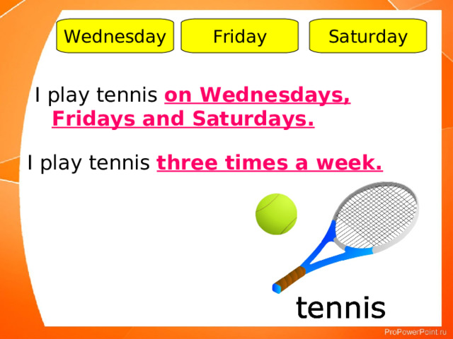 Wednesday Friday Saturday I play tennis on Wednesdays, Fridays and Saturdays. I play tennis three times a week. 