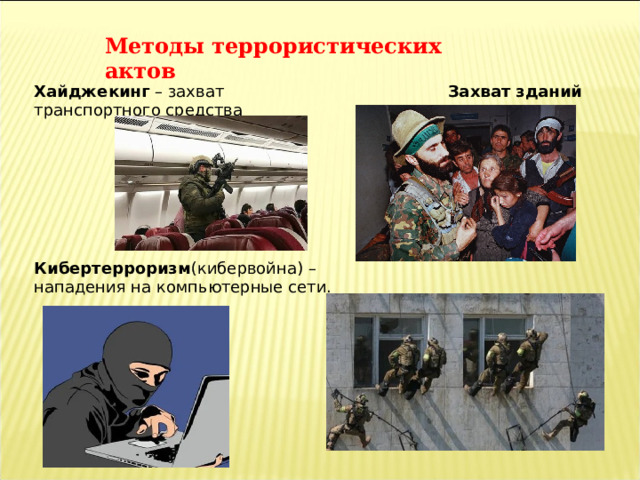 Методы террористических актов Хайджекинг – захват транспортного средства Захват зданий  Кибертерроризм (кибервойна) – нападения на компьютерные сети. 