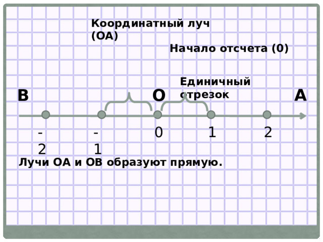 Координатный луч (ОА) Начало отсчета (0) Единичный отрезок В А О -1 2 1 0 -2 Лучи ОА и ОВ образуют прямую.   