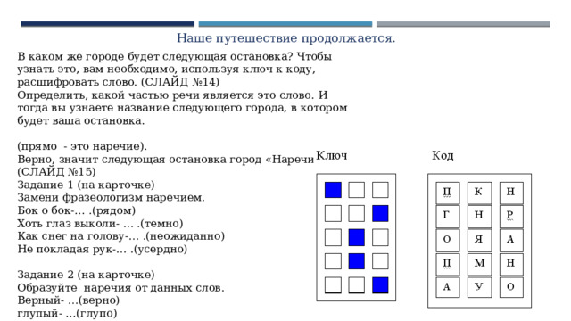 Наше путешествие продолжается. В каком же городе будет следующая остановка? Чтобы узнать это, вам необходимо, используя ключ к коду, расшифровать слово. (СЛАЙД №14) Определить, какой частью речи является это слово. И тогда вы узнаете название следующего города, в котором будет ваша остановка. (прямо - это наречие). Верно, значит следующая остановка город «Наречие» (СЛАЙД №15) Задание 1 (на карточке) Замени фразеологизм наречием. Бок о бок-… .(рядом) Хоть глаз выколи- … .(темно) Как снег на голову-… .(неожиданно) Не покладая рук-… .(усердно) Задание 2 (на карточке) Образуйте наречия от данных слов. Верный- …(верно) глупый- …(глупо) честный- …(честно) тихий- … .(тихо) 