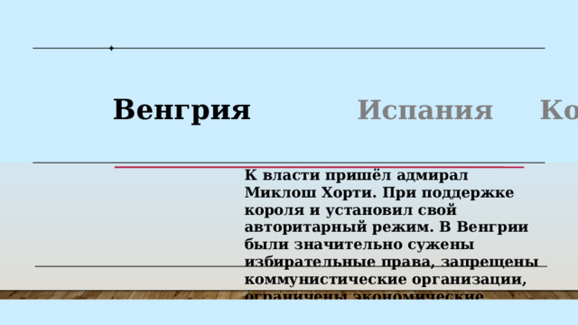 К власти пришёл адмирал Миклош Хорти. При поддержке короля и установил свой авторитарный режим. В Венгрии были значительно сужены избирательные права, запрещены коммунистические организации, ограничены экономические свободы. В 1929 году установил военную диктатуру король Александр I Карагеоргиевич. При нём страна стала называться Югославией. Король распустил парламент, отменил выборы и запретил все политические партии. В 1923 году произошёл авторитарный переворот. Захвативший власть генерал Мигель Примо де Ривера управлял страной, формально возглавляя королевское правительство. В 1936 году в Испании произошёл ещё один переворот, приведший к гражданской войне и установлению многолетней диктатуры генерала Франсиско Франко . Венгрия Испания Королевство сербов Польша К власти пришёл адмирал Миклош Хорти. При поддержке короля и установил свой авторитарный режим. В Венгрии были значительно сужены избирательные права, запрещены коммунистические организации, ограничены экономические свободы . 