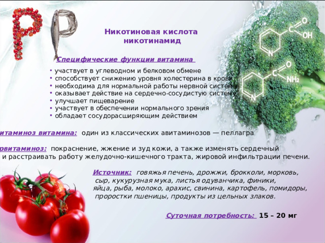 Никотиновая кислота никотинамид Специфические функции витамина  участвует в углеводном и белковом обмене  способствует снижению уровня холестерина в крови.  необходима для нормальной работы нервной системы  о казывает действие на сердечно-сосудистую систему  улучшает пищеварение  участвует в обеспечении нормального зрения  обладает сосудорасширяющим действием Авитаминоз витамина:  один из классических авитаминозов — пеллагра Гипервитаминоз:  покраснение, жжение и зуд кожи, а также изменять сердечный  ритм и расстраивать работу желудочно-кишечного тракта, жировой инфильтрации печени. Источник:  говяжья печень, дрожжи, брокколи, морковь,  сыр, кукурузная мука, листья одуванчика, финики, яйца, рыба, молоко, арахис, свинина, картофель, помидоры,  проростки пшеницы, продукты из цельных злаков. Суточная потребность:  15 – 20 мг 