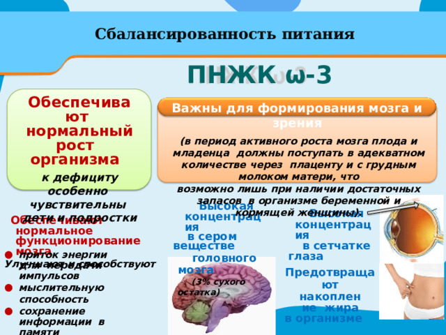 Сбалансированность  питания ПНЖК  ω-3 Важны  для  формирования  мозга  и  зрения (в период  активного  роста  мозга  плода  и  младенца  должны  поступать  в адекватном  количестве  через  плаценту  и  с  грудным  молоком  матери,  что возможно  лишь  при  наличии  достаточных  запасов  в  организме  беременной  и  кормящей  женщины). О б е сп е чи в а ю т нормальный рост  организма к  дефициту  особенно  чувствительны дети и подростки Высокая  к о н ц е н т рац и я в  сером  веществе головного  мозга (3%  сухого  остатка) Высокая  к о н ц е н т рац и я в  сетчатке  глаза Обеспечивают нормальное  функционирование  мозга Улучшают  и  способствуют приток  энергии для  передачи  импульсов мыслительную  способность сохранение информации  в  памяти и более  быстрое  извлечение  информации  из  памяти Предотвращают на к о п л ение жира в  организме 