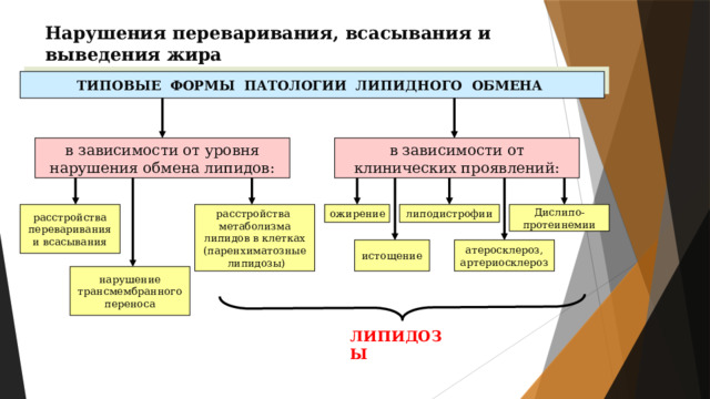 Нарушения переваривания, всасывания и выведения жира ТИПОВЫЕ ФОРМЫ ПАТОЛОГИИ ЛИПИДНОГО ОБМЕНА в зависимости от уровня в зависимости от клинических проявлений: нарушения обмена липидов: ожирение липодистрофии расстройства расстройства Дислипо- метаболизма протеинемии переваривания и всасывания липидов в клетках (паренхиматозные  липидозы) истощение атеросклероз, артериосклероз нарушение трансмембранного переноса ЛИПИДОЗЫ 