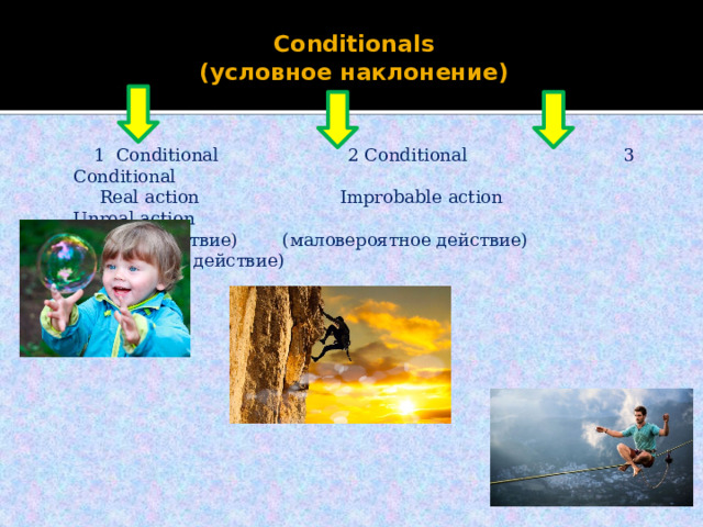Conditionals  (условное наклонение)    1 Conditional 2 Conditional 3 Conditional  Real action Improbable action Unreal action (реальное действие) (маловероятное действие) (нереальное действие) 