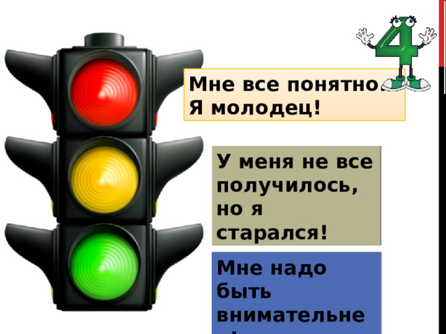 Мне все понятно. Я молодец! У меня не все получилось, но я старался! Мне надо быть внимательнее! 