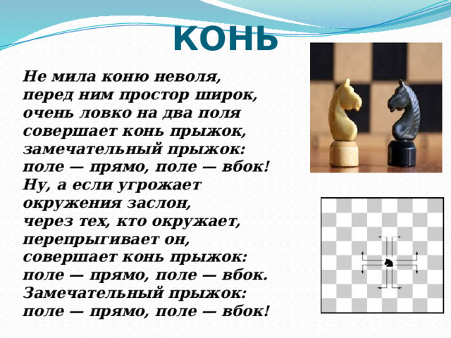 КОНЬ Не мила коню неволя, перед ним простор широк, очень ловко на два поля совершает конь прыжок, замечательный прыжок: поле — прямо, поле — вбок! Ну, а если угрожает окружения заслон, через тех, кто окружает, перепрыгивает он, совершает конь прыжок: поле — прямо, поле — вбок. Замечательный прыжок: поле — прямо, поле — вбок! 