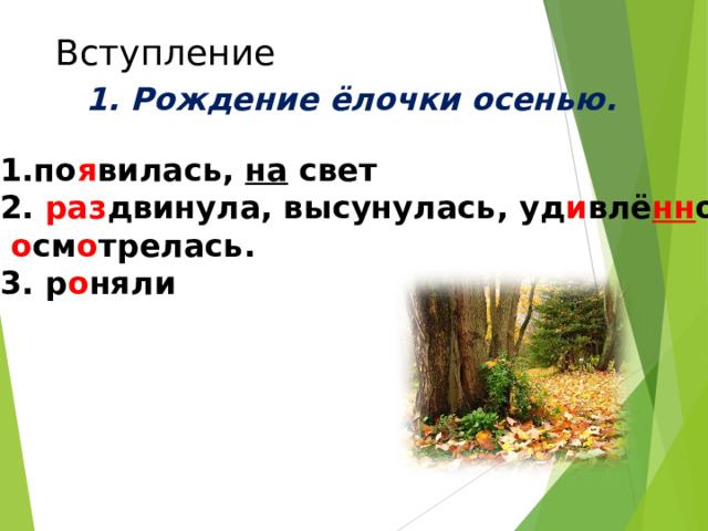 Вступление 1. Рождение ёлочки осенью. 1.по я вилась, на свет 2. раз двинула, высунулась, уд и влё нн о,  о см о трелась. 3. р о няли  