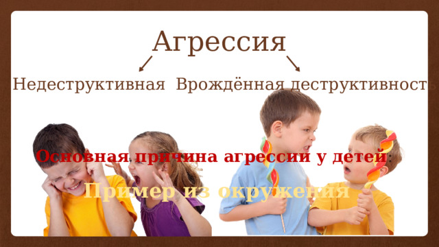 Агрессия Недеструктивная Врождённая деструктивность Основная причина агрессии у детей : Пример из окружения 