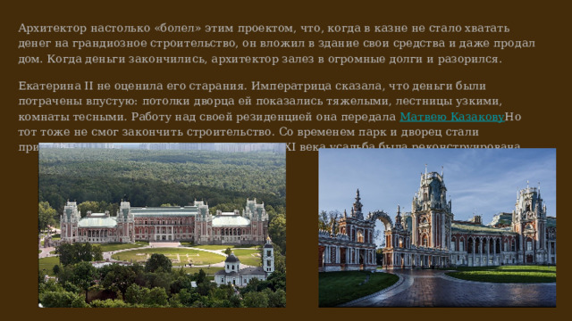 Архитектор настолько «болел» этим проектом, что, когда в казне не стало хватать денег на грандиозное строительство, он вложил в здание свои средства и даже продал дом. Когда деньги закончились, архитектор залез в огромные долги и разорился. Екатерина II не оценила его старания. Императрица сказала, что деньги были потрачены впустую: потолки дворца ей показались тяжелыми, лестницы узкими, комнаты тесными. Работу над своей резиденцией она передала Матвею Казакову﻿ Но тот тоже не смог закончить строительство. Со временем парк и дворец стали приходить в запустение, и только в начале XXI века усадьба была реконструирована. 