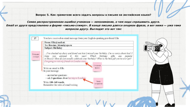 Вопрос 5. Как грамотнее всего задать вопросы в письме на английском языке? Самая распространенная ошибка учеников — непонимание, о чем надо спрашивать друга. Email от друга представлено в форме «письмо-стимул». В конце письма дается опорная фраза, а вот ниже — уже тема вопросов другу. Выглядит это вот так: 