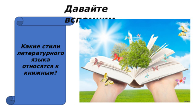 Давайте вспомним … Какие стили литературного языка относятся к книжным?   