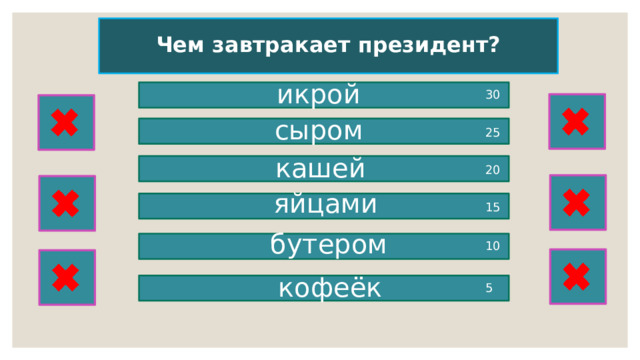 Чем завтракает президент? икрой 30 сыром 25 кашей 20 яйцами 15 бутером 10 кофеёк 5 